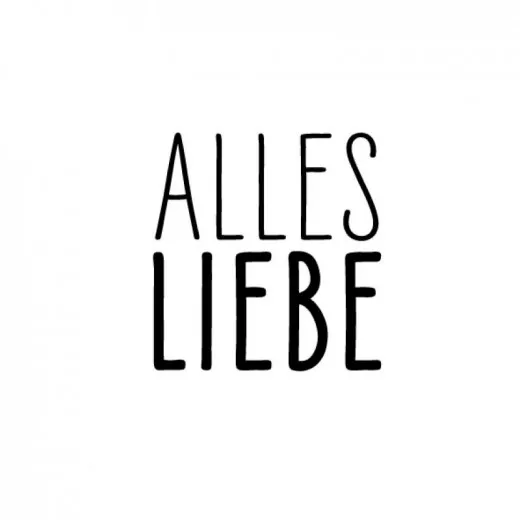 Holzstempel Alles Liebe von Blau in Gelb mit schwarzem Schriftzug auf weißem Hintergrund