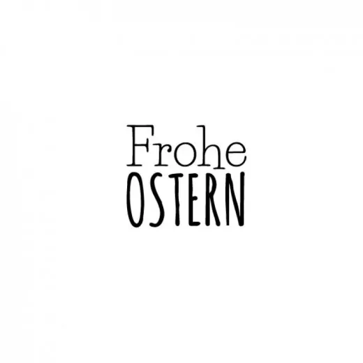Holzstempel Frohe Ostern von Blau in Gelb mit schwarzem Schriftzug auf weißem Hintergrund