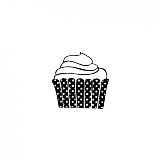 Stempel Muffin von Blau in Gelb als schwarzer Abdruck mit gepunktetem Förmchen