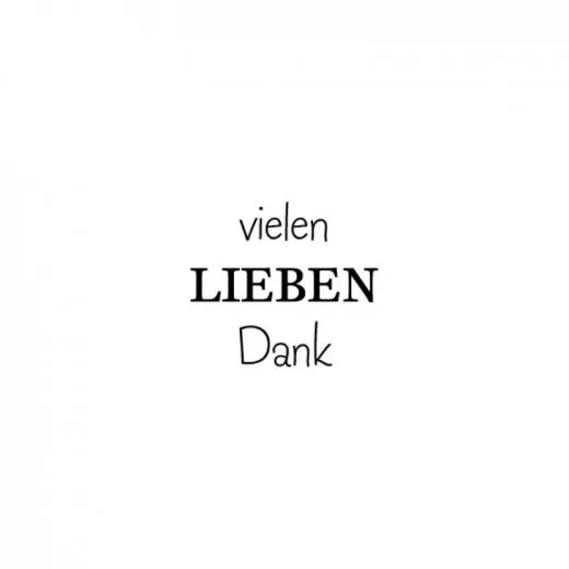 Kleiner Holzstempel mit dem Text Vielen lieben Dank von Blau in Gelb auf weißem Hintergrund