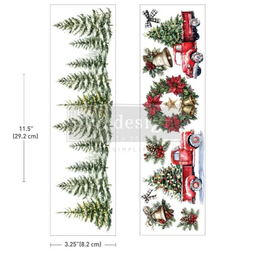 Zwei Bögen Hometown Holiday Luxe Transfers mit weihnachtlichen Motiven wie Tannen, Oldtimer-Trucks und Kränzen auf weißem Grund.