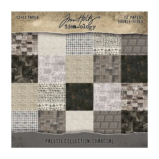 Verpackungsvorderseite des Tim Holtz Idea-Ology 12x12 Paper Pad Palette Collection Charcoal in Grau-Schwarz-Tönen.