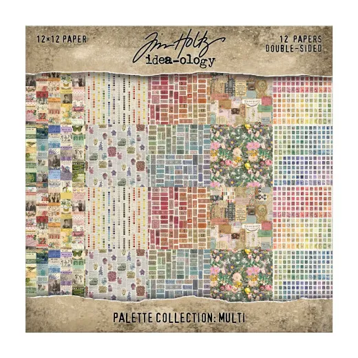 Verpackungsvorderseite des Tim Holtz Idea-Ology 12x12 Paper Pad Palette Collection Multi mit Ausschnitt des Vintage-Collagen-Musters.