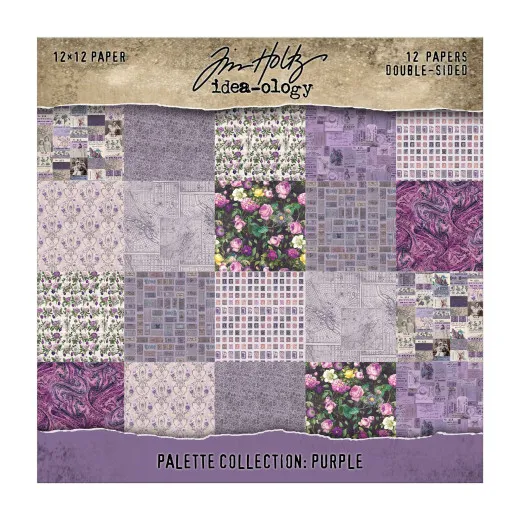 Verpackungsvorderseite des Tim Holtz Idea-Ology 12x12 Paper Pad Palette Collection Purple in Lila-Rosa-Tönen.