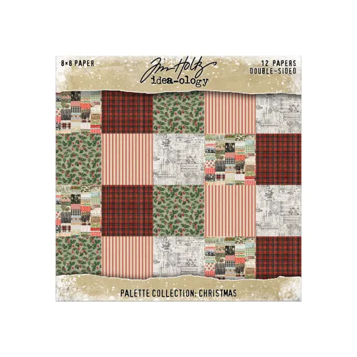 Tim Holtz Idea-Ology 8x8 Paper Pad Palette Collection Christmas mit 12 Bögen, Muster in Rot, Grün, Weiß und Creme mit Karo, Floral und Streifen-Designs