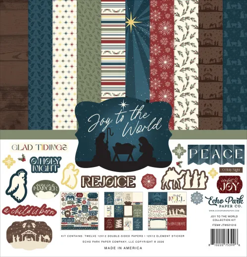Joy to the World Collection Kit von Echo Park mit 12 Designpapieren und Stickerbogen, Motive: Sterne, Tannenzweige, Krippe, Engel, Schneeflöckchen in Dunkelblau, Bordeaux, Creme, Beige