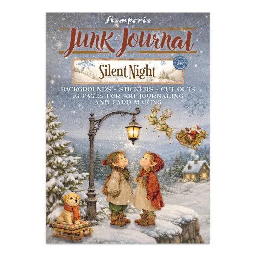 Verpackung des Stamperia Junk Journals Silent Night mit 16 Seiten Hintergründen, Stickern und Ausschneidemotiven, Titelmotiv Kinder unter Straßenlaterne mit fliegendem Schlitten.