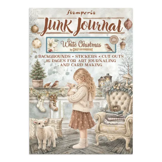 Verpackung des Stamperia Junk Journals White Christmas mit 16 Seiten Hintergründen, Stickern und Ausschneidemotiven.
