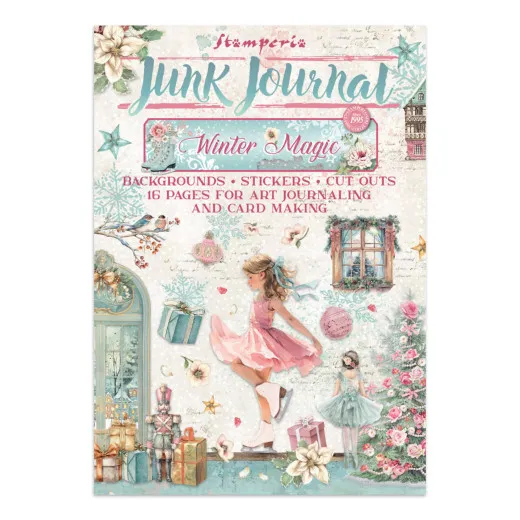 Verpackung des Stamperia Junk Journals Winter Magic mit 16 Seiten Hintergründen, Stickern und Ausschneidemotiven, Titelmotiv eislaufendes Mädchen im rosa Kleid.