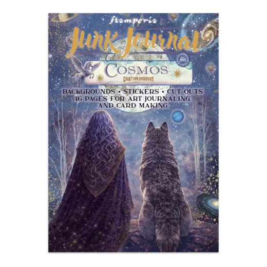 Cover des A4 Junk Journals Cosmos mit Frau im Umhang und Wolf unter dem Sternenhimmel