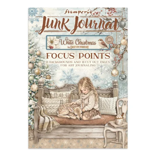 Verpackung des Stamperia Junk Journal Focus Points White Christmas mit 8 Hintergrund- und 8 Motivseiten zum Ausschneiden.
