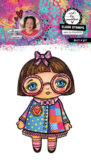 Art By Marlene Clear Stamp Just a Girl - colorful Mädchen-Motiv mit Brille, Schleife und buntem Kleid auf dekorativem Hintergrund