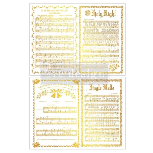 Zwei Bögen Kacha Yuletide Symphony Middy Foil Transfers mit vergoldeten Notenblättern und Weihnachtsmotiven auf weißem Hintergrund
