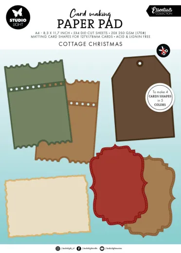 Verpackung des Essentials Card Shapes Pads für 127x178mm-Karten mit vorgestanzten Rechtecken, Anhängern und einem verzierten Rahmen in fünf Farben.
