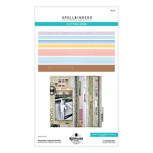 Verpackung der Stanzschablone "Keepsake Capsule Borders" mit Rand- und Monatsregister-Motiven sowie fertigem Anhänger "Documented" mit Kinderfoto