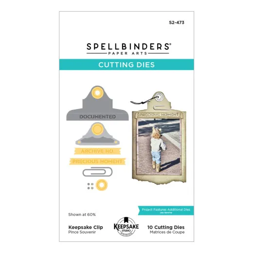 Verpackung der Stanzschablone "Keepsake Clip" mit Clip-, Wäscheklammer- und Textbanner-Motiven sowie einem Beispieltag mit Kinderfoto