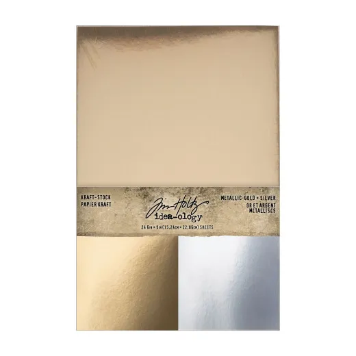 Tim Holtz Kraft-Stock Papier-Block mit 24 Bögen in Metallic Gold und Silber, Größe 15,2 x 22,9 cm
