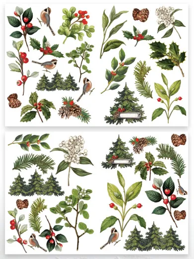 Vier Laser-Cut-Bögen mit Stechpalmenzweigen, Tannenzweigen, Zapfen, Beeren und Wintervögeln zum Ausschneiden