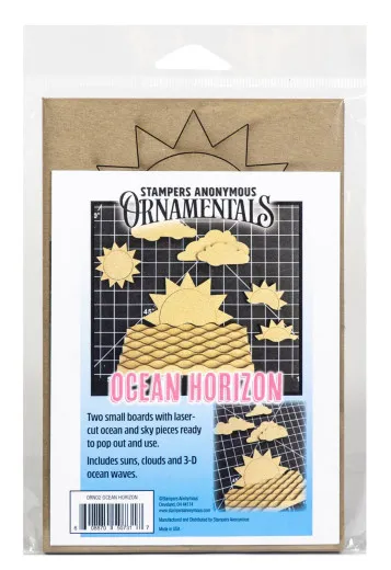 Verpacktes Laser-Cut-Chipboard-Set mit Sonnen, Wolken und gewellten Ozeanteilen für 3D-Bastelprojekte