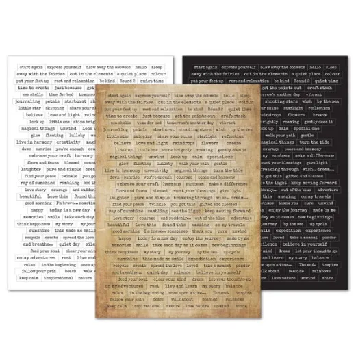 Drei Stickerbögen Lavinia Sentiment Stickers 6 mit englischen Wortstickern in Weiß, Schwarz und Vintage-Sepia