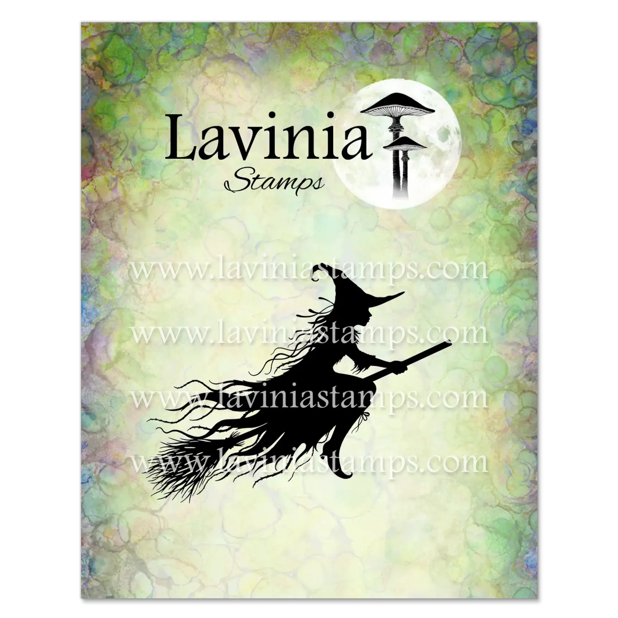 Lavinia Clear Stamp Sybella: Hexe auf fliegendem Besen vor dem Vollmond