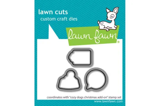 Lawn Fawn Lawn Cuts Stanzschablonen Cozy Dog Add-On Set mit drei Formen auf Verpackung