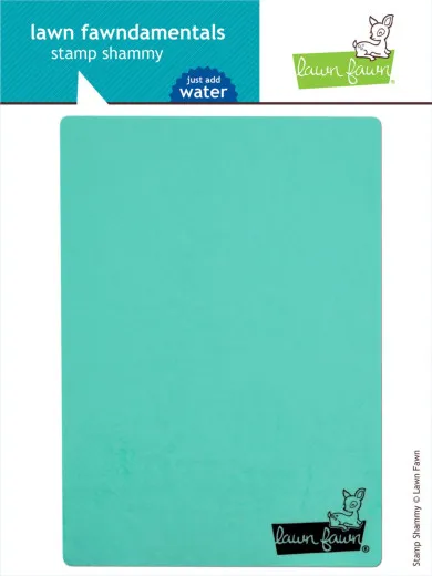 Verpackung des Lawn Fawn Stamp Shammy mit türkisem Reinigungstuch und Hinweis just add water