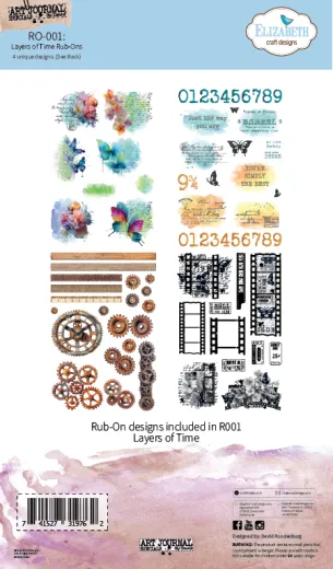 Verpackungsrückseite der Elizabeth-Craft-Designs-Rub-Ons „Layers of Time“ mit Vorschau aller vier Bogen: Aquarell-Blumen und Schmetterlinge, Zahlen und Sprüche, Zahnräder und Lineale sowie Filmstreifen-Motive.