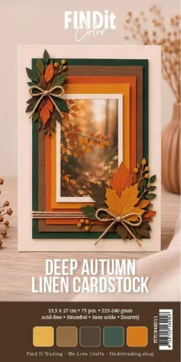 Verpackung des FIND IT TRADING Leinenkartons "Deep Autumn" im Slimline-Format 4K mit herbstlicher Beispielkarte