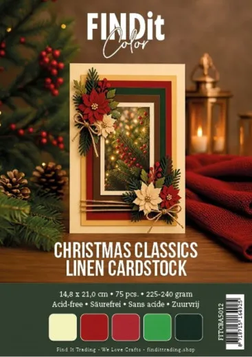Verpackung des FIND IT TRADING Leinenkartons "Christmas Classics" in Creme, Rot, Beere, Grün und Tanne mit weihnachtlicher Beispielkarte