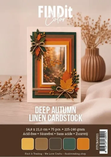 Verpackung des FIND IT TRADING Leinenkartons "Deep Autumn" in Gelb, Beige, Taupe, Petrol und Orange mit herbstlicher Beispielkarte