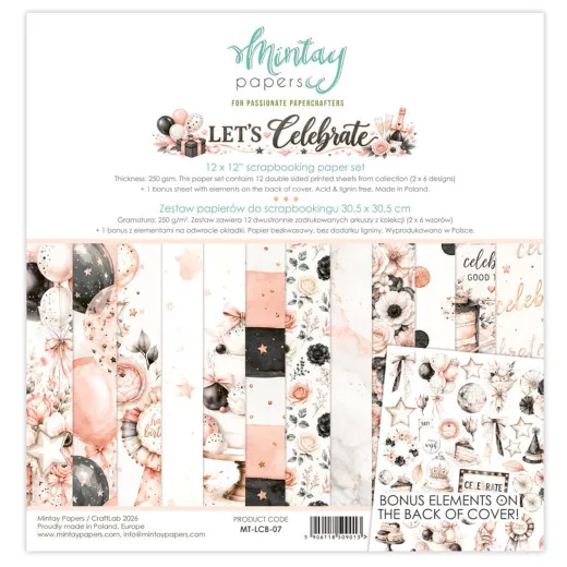 Cover des 12x12 Paper Pads Let's Celebrate mit roséfarbenen und schwarzen Ballons, Blüten und Celebrate-Bonusmotiven