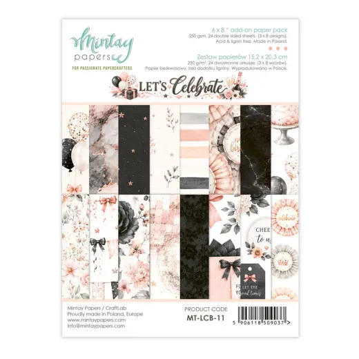 Cover des 6x8 Add-On Paper Pads Let's Celebrate mit Papierstreifen in Rosé, Schwarz und Marmor mit Ballons und Rosetten