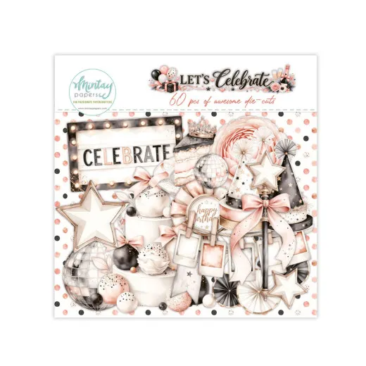 Verpackung der 60 Die-Cuts Let's Celebrate mit Celebrate-Leuchtschild, Sternen, Schleifen, Discokugeln und Kuchen