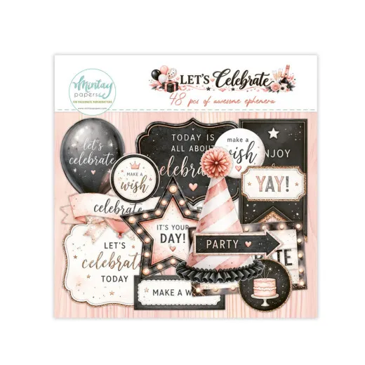 Verpackung der 48 Ephemera Let's Celebrate mit Ballon, Partyhut, Party-Pfeil und Sprüchen wie Yay, Make a Wish und It's your Day