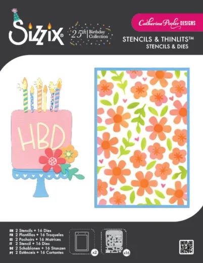 Verpackung der Sizzix Thinlits-Stanzform mit Schablonen 'Let's Eat Cake!' von Catherine Pooler mit Kuchenmotiv und Blumenschablone