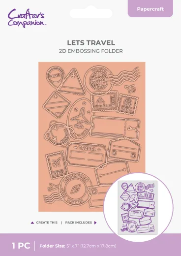 Verpackung des Crafter's Companion Prägeordners Let's Travel mit geprägten Reisemotiven wie Briefmarken und Flugtickets