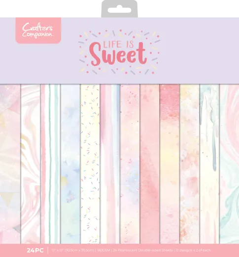 Verpackung des Life is Sweet 12x12 Paper Pads mit Vorschau der 12 pastellfarbenen Perlglanz-Designs wie Streifen, Marmor und Konfetti.