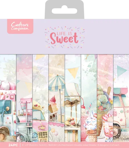 Verpackung des Crafter's Companion Life is Sweet 6x6 Paper Pads mit Eiswagen- und Süßigkeitenmotiven in Pastelltönen