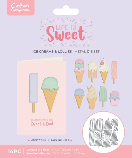 Verpackung des Life is Sweet Eis & Lolly Stanzschablonen-Sets mit fertiger Karte, die ein Eis am Stiel und eine Eiskugel-Tüte zeigt.