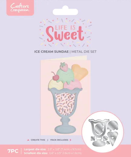Verpackung des Life is Sweet Eisbecher-Stanzschablonen-Sets mit fertiger Karte, die einen dreidimensionalen Eisbecher mit Streuseln zeigt.