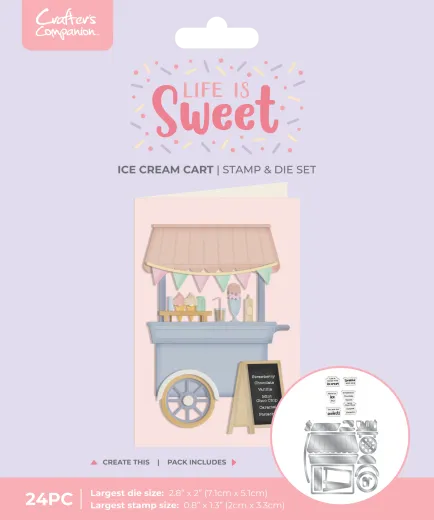 Verpackung des Life is Sweet Eiswagen-Sets mit fertiger Karte, die einen pastellfarbenen Eiswagen mit Wimpelkette und Menütafel zeigt.