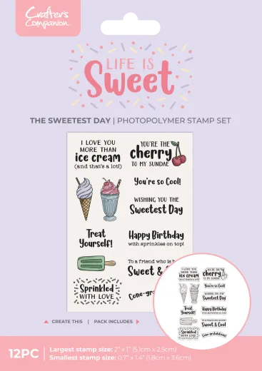 Verpackung des Life is Sweet Sweetest Day Stempelsets mit Vorschau aller 12 Stempelmotive wie Eistüte, Kirsche und Sprüche.