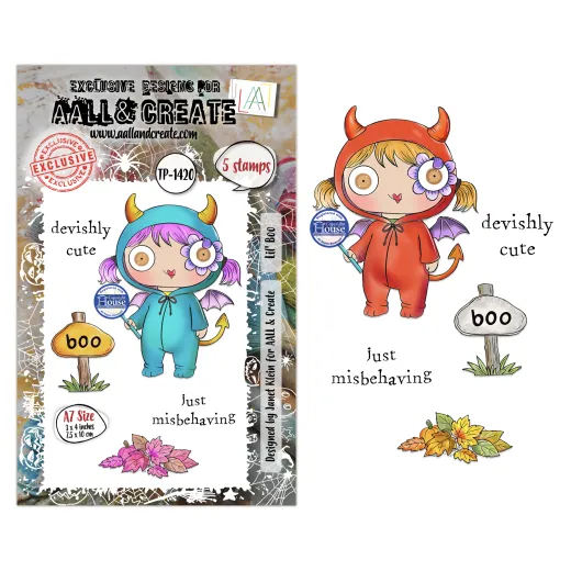 Clear Stamps Set mit 5 Stempeln, Lil' Boo Motive in rot und blau mit Textilaufdruck und Blüten-Details
