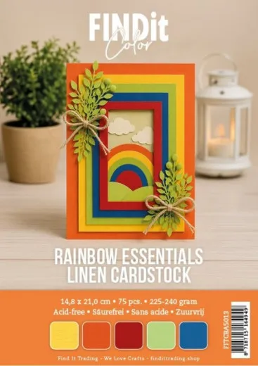 Verpackungsfoto der FIND it Linen Cardstock „Rainbow Essentials” im A5-Format mit Beispielkarte in Regenbogenfarben