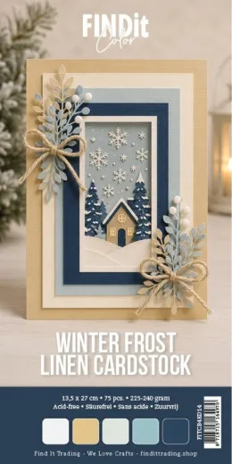Verpackungsfoto der FIND it Linen Cardstock „Winter Frost” im 4K-Format mit Beispielkarte in Blau-Beige-Tönen und Winterhaus-Motiv