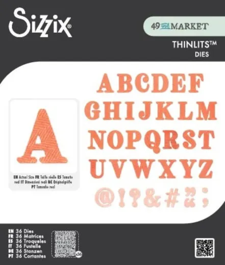 Verpackungsfoto der Stanzformen mit vollständigem strukturiertem Alphabet und Satzzeichen in Orange.