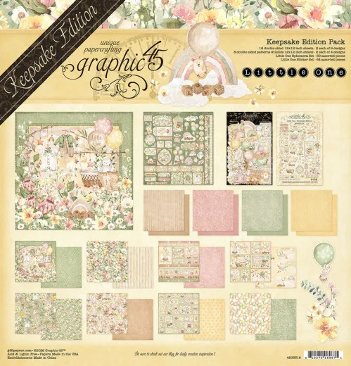 Graphic 45 Little One Keepsake Edition Papier Pad Set mit floralen Baby-Designs, Stickern und Ephemera im 12x12-Format