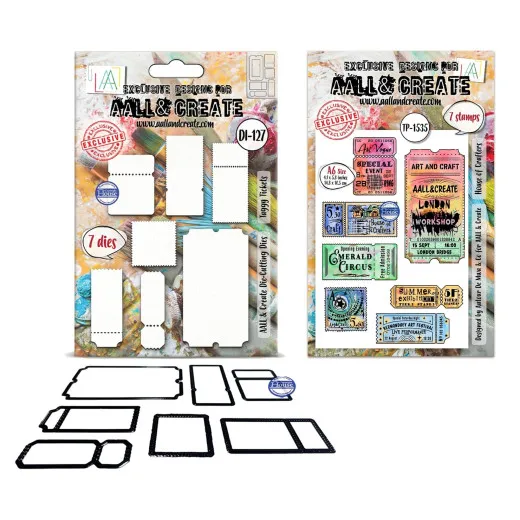 Set aus Stanzen DI-127 Taggy Tickets und Stempeln TP-1535 House of Crafters mit Ticket-Formen und Ticket-Motiven