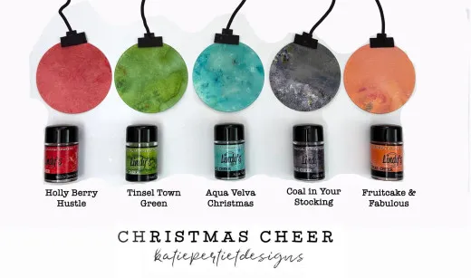 Set aus fünf Magical-Shimmer-Shaker-Fläschchen der Kollektion „Christmas Cheer“ mit Farbmustern als Anhänger